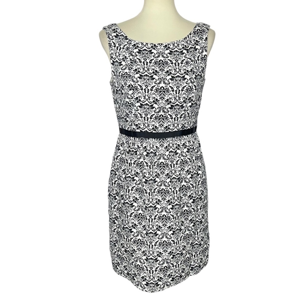 Loft Dress Women 4 Black White Print Ribbon Trim Pockets Lined Sleeveless Cotton